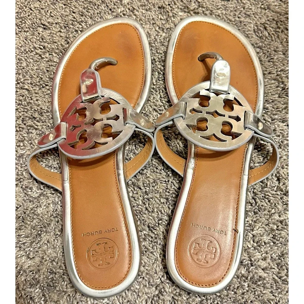 Tory Burch Miller Metallic Silver Leather Sandals - Approx size 7 (10" long) - Picture 1 of 14